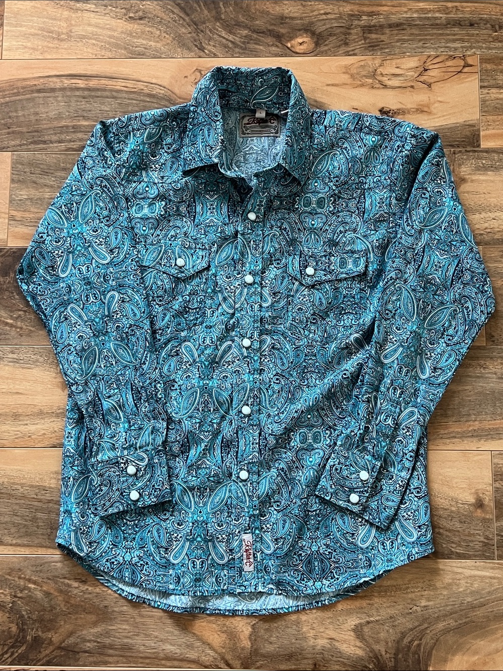 Rafter C Western Pearl Snap Shirt Blue Paisley Cowboy Rodeo Boys Youth Large